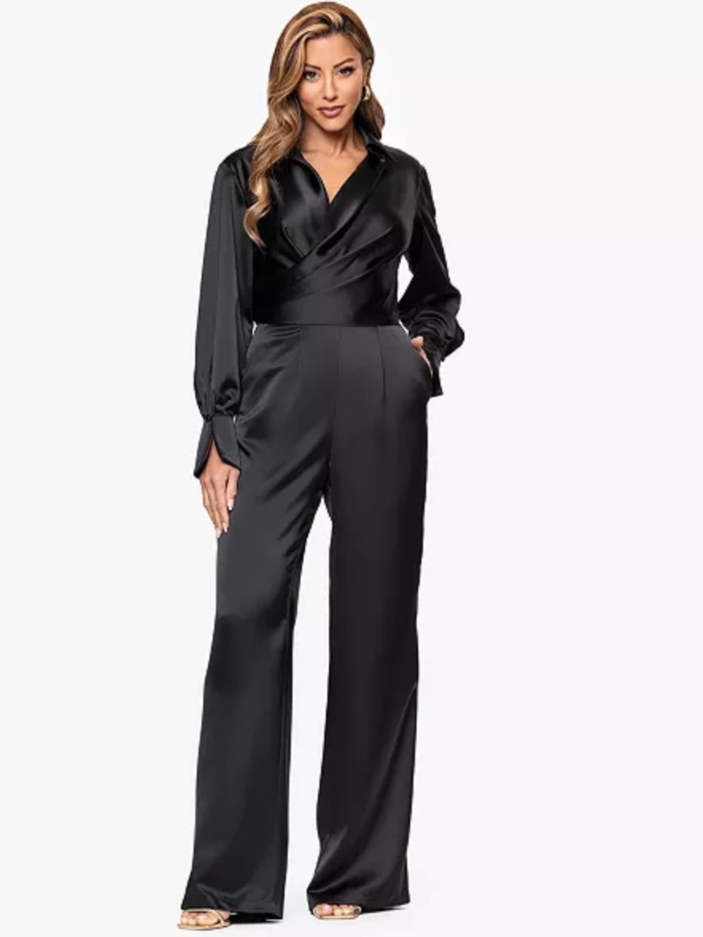 XSCAPE Women's V-Neck Long Sleeve Jumpsuit